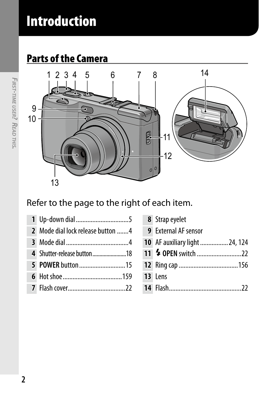 Introduction, Parts of the camera, Refer to the page to the right of each item | Ricoh DIGITAL CAMERA GR User Manual | Page 12 / 181