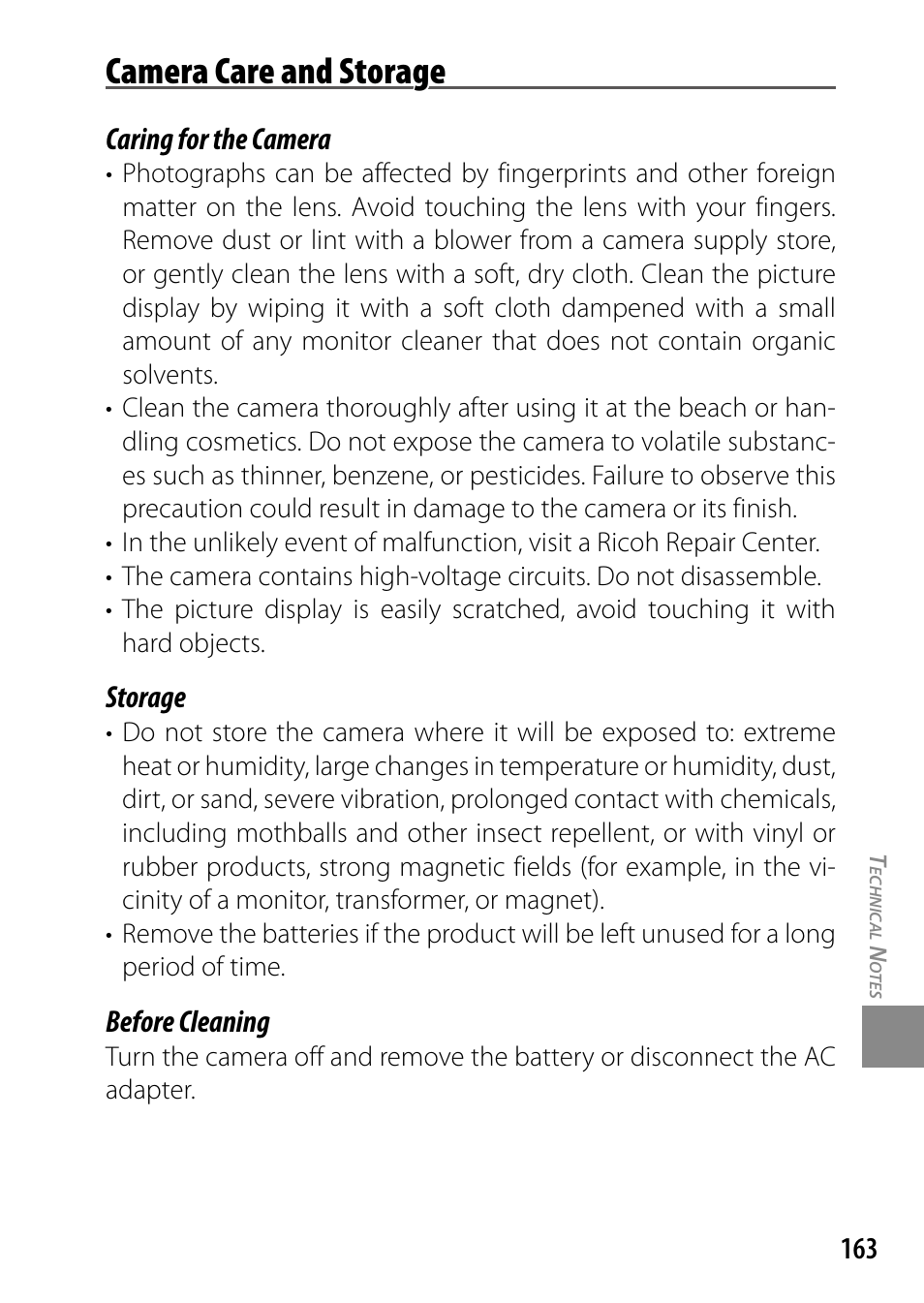 Camera care and storage, Caring for the camera, Storage | Before cleaning | Ricoh DIGITAL CAMERA GR User Manual | Page 173 / 181