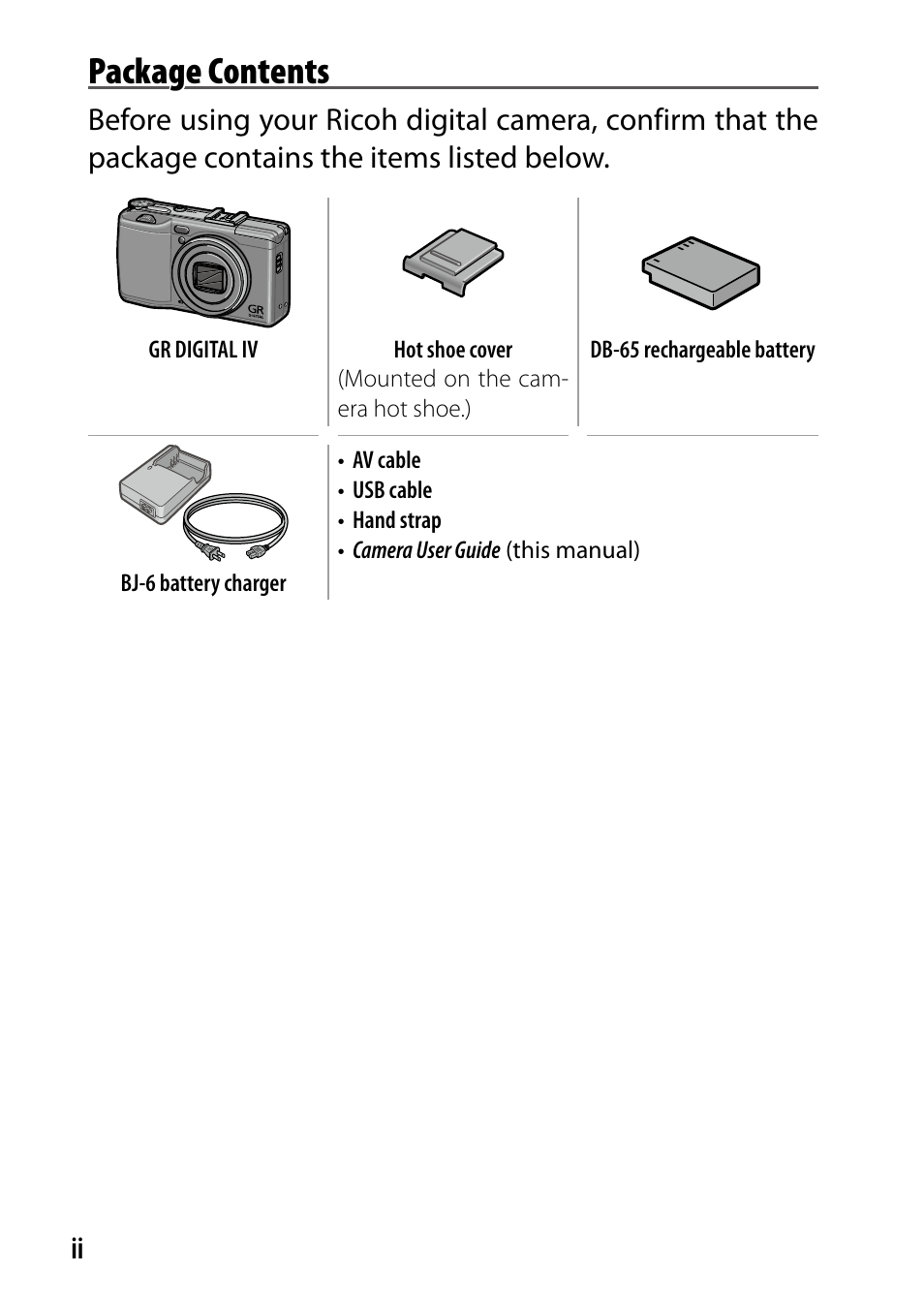 Package contents | Ricoh DIGITAL CAMERA GR User Manual | Page 2 / 181