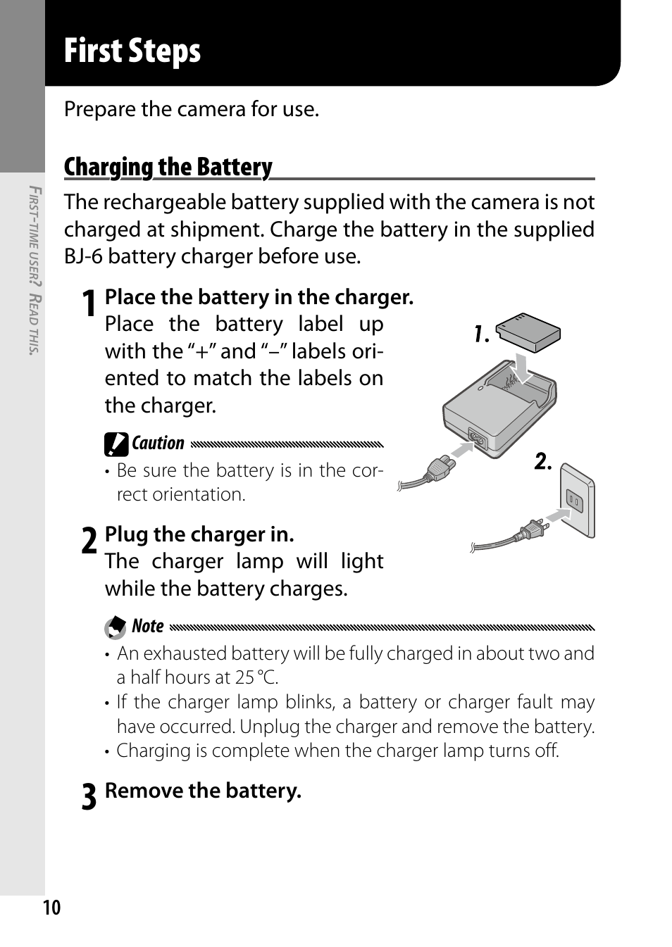 First steps, Charging the battery | Ricoh DIGITAL CAMERA GR User Manual | Page 20 / 181