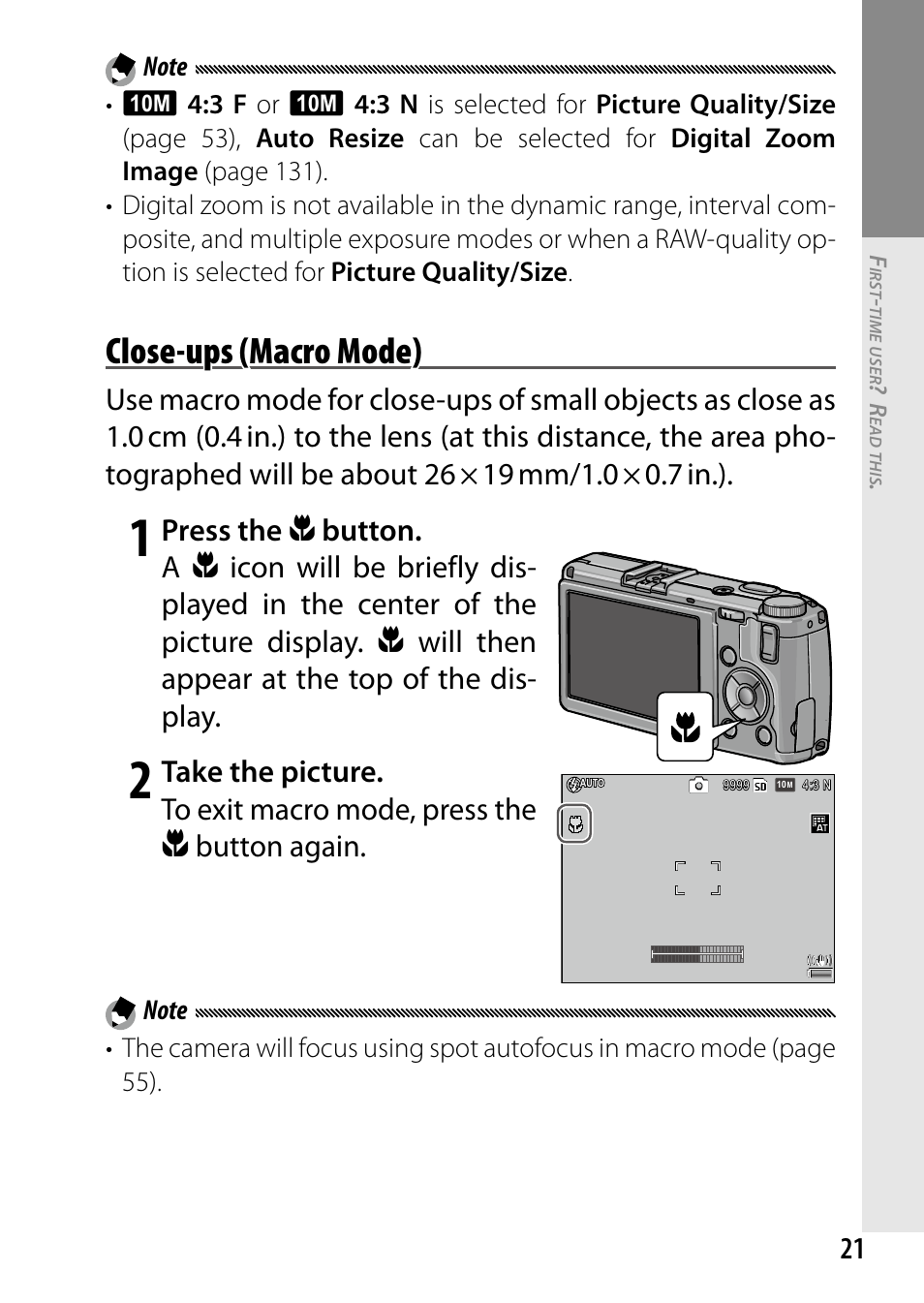 Close-ups (macro mode), Press the, Button. a | Will then appear at the top of the dis- play | Ricoh DIGITAL CAMERA GR User Manual | Page 31 / 181