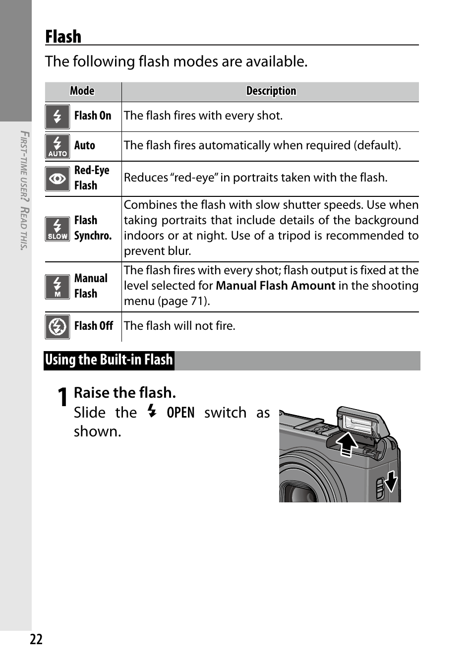 Flash, The following flash modes are available, Using the built-in flash | Raise the flash. slide the f open switch as shown | Ricoh DIGITAL CAMERA GR User Manual | Page 32 / 181