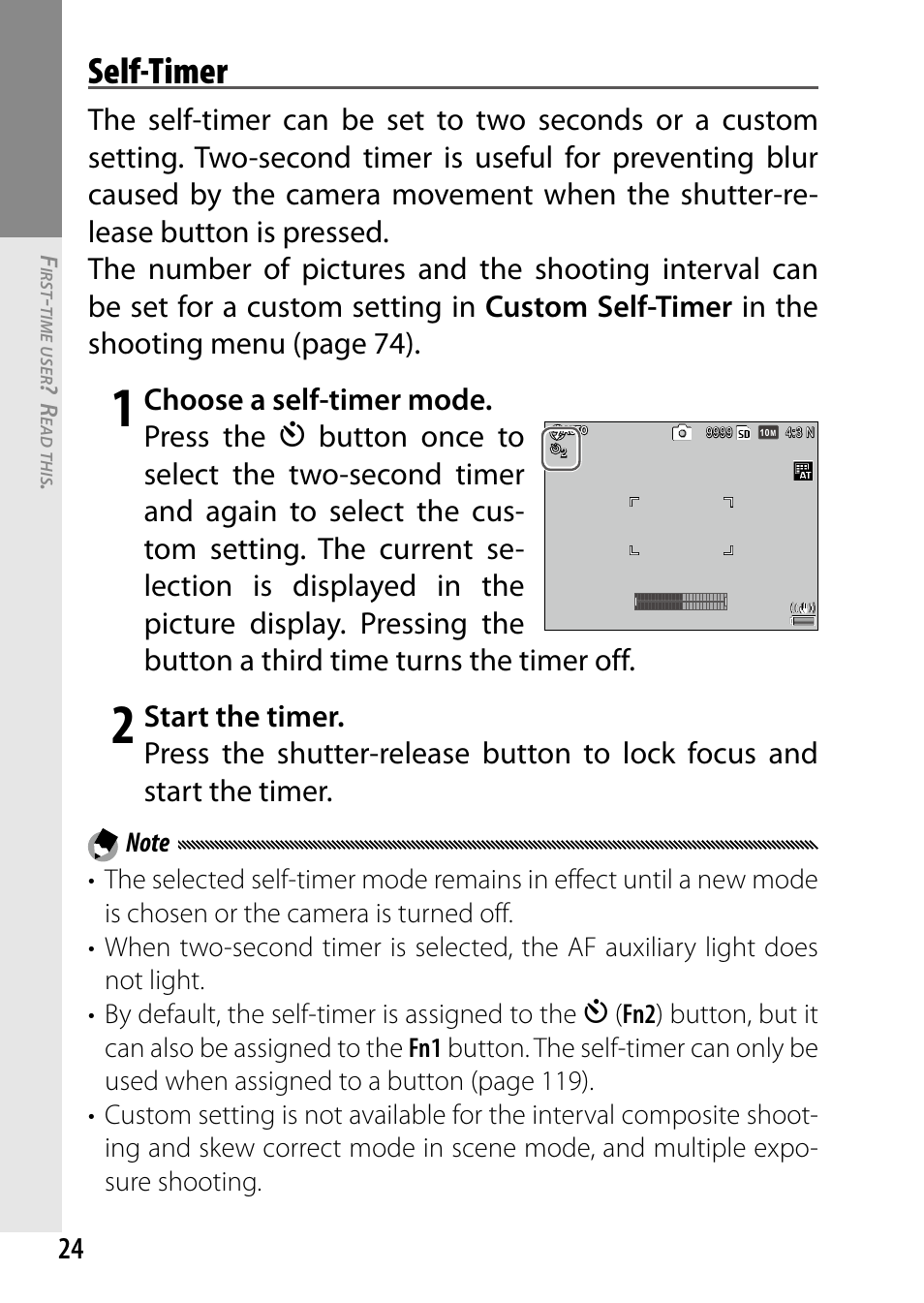 Self-timer, Choose a self-timer mode. press the | Ricoh DIGITAL CAMERA GR User Manual | Page 34 / 181