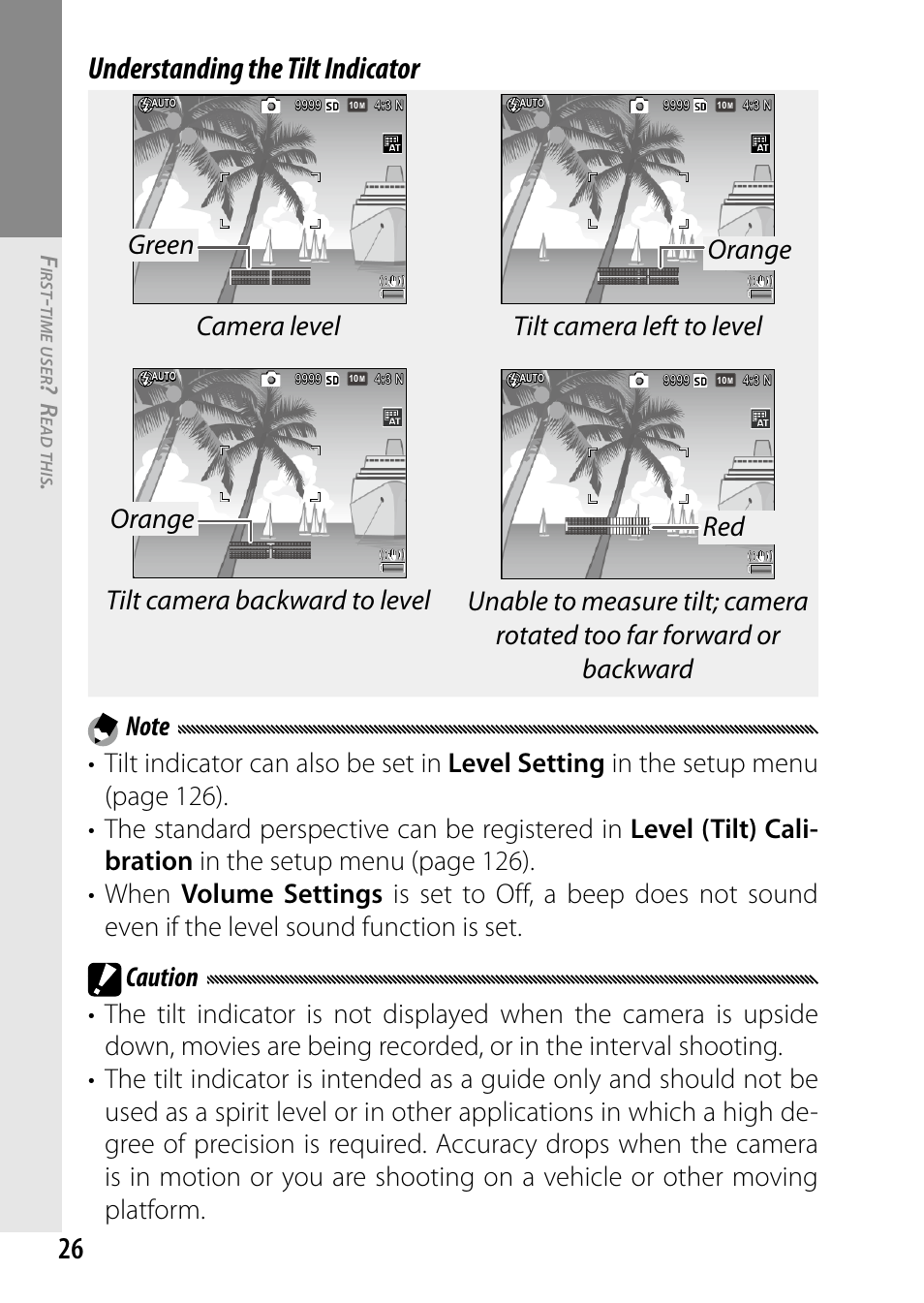 26 understanding the tilt indicator, Green, Orange camera level tilt camera left to level | Orange | Ricoh DIGITAL CAMERA GR User Manual | Page 36 / 181