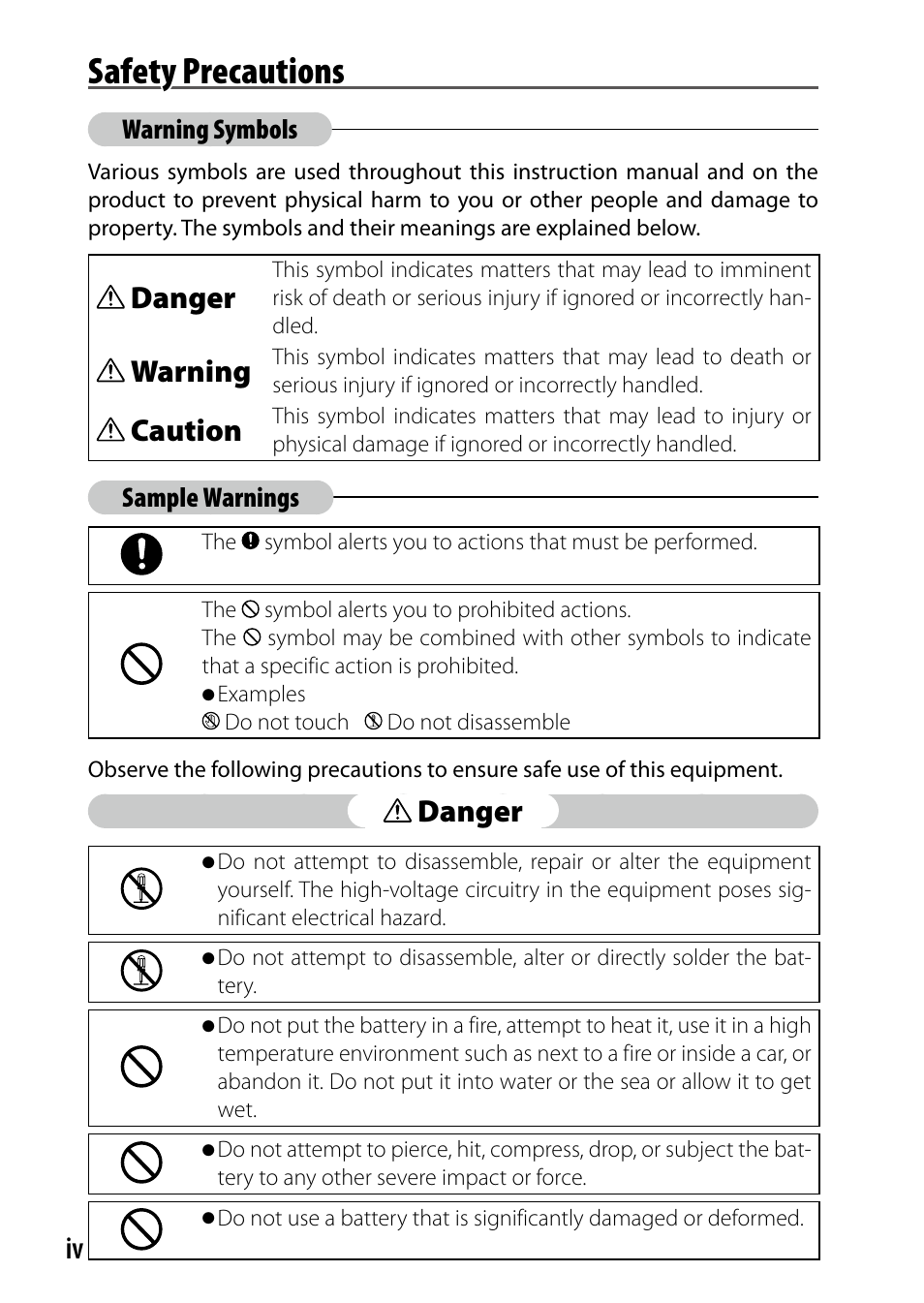 Safety precautions, Danger, Warning | Caution, Warning symbols, Sample warnings | Ricoh DIGITAL CAMERA GR User Manual | Page 4 / 181