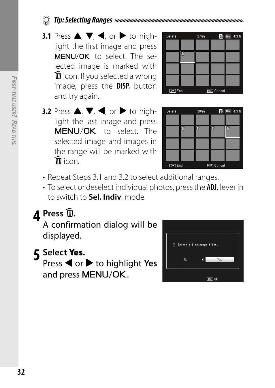 Press, A confirmation dialog will be displayed, Select yes. press | Tip: selecting ranges 3.1 press | Ricoh DIGITAL CAMERA GR User Manual | Page 42 / 181