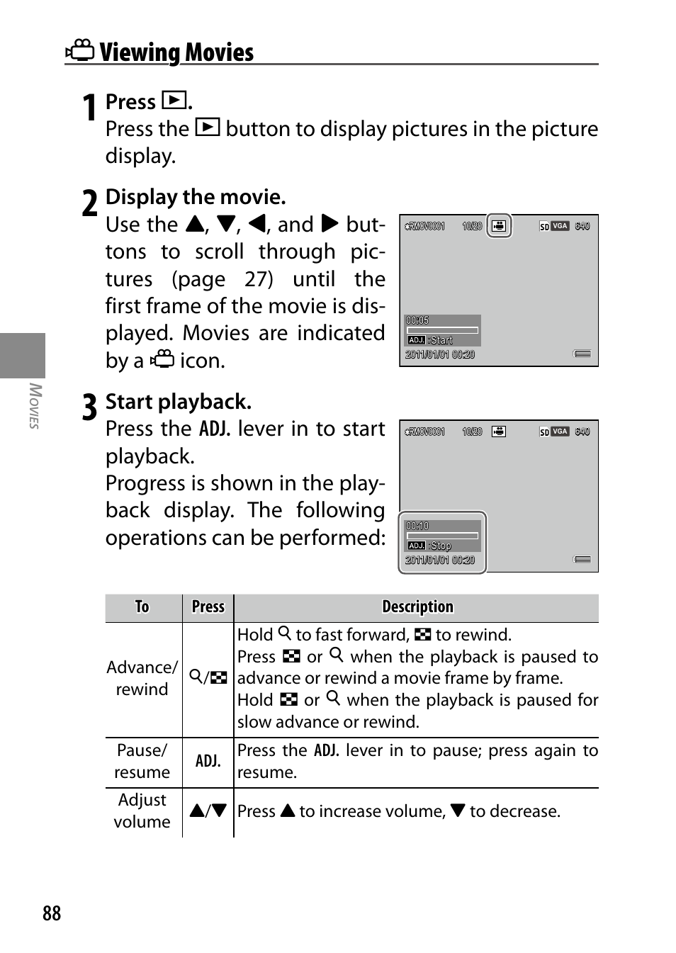 Viewing movies, Press, Press the | Button to display pictures in the picture display, Display the movie. use the, Icon | Ricoh DIGITAL CAMERA GR User Manual | Page 98 / 181