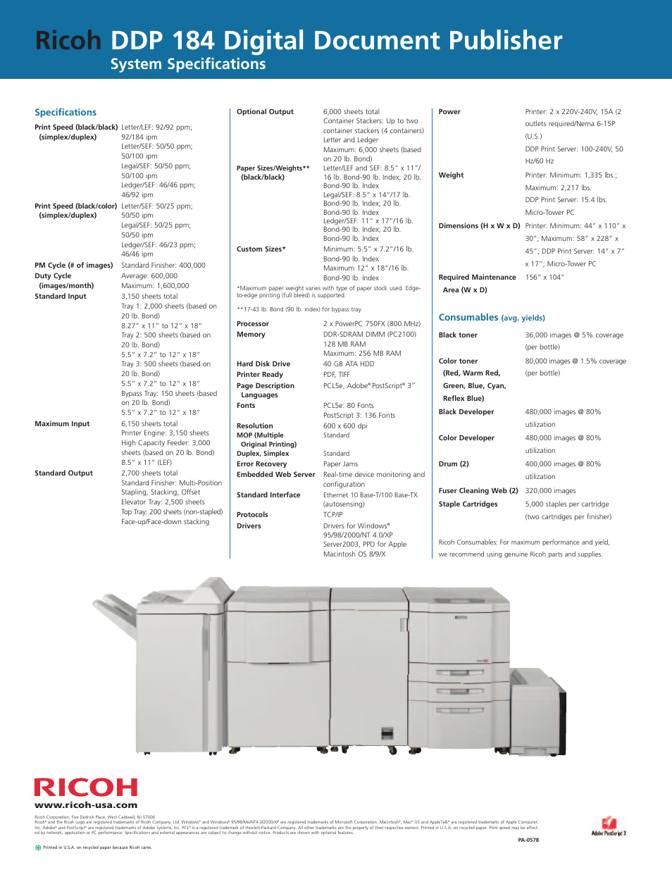 Versatile, Ricoh ddp 184 digital document publisher, System specifications | Ricoh DDP 184 User Manual | Page 4 / 4