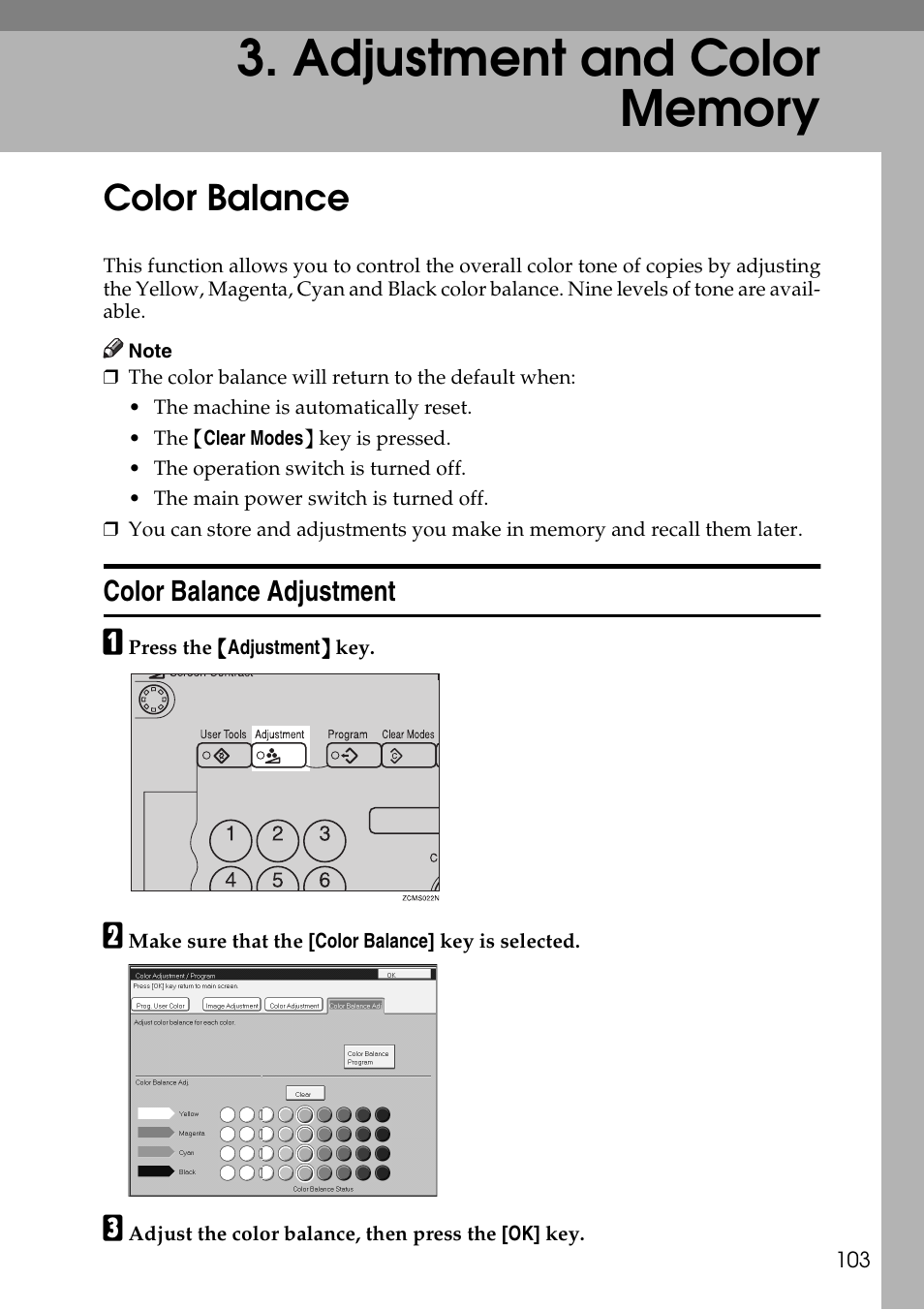 Adjustment and color memory, Color balance, Color balance adjustment | P.103 “adjust, Ment and color memory | Ricoh 4506 User Manual | Page 115 / 222