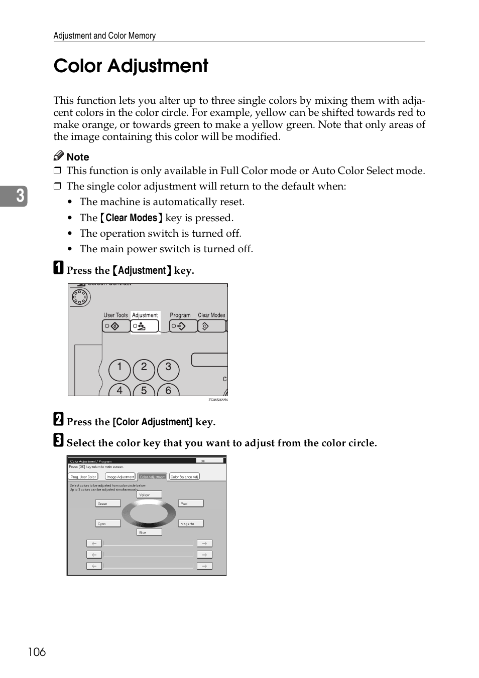 Color adjustment, 3color adjustment | Ricoh 4506 User Manual | Page 118 / 222