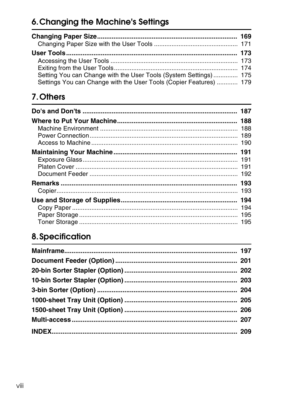 Changing the machine's settings, Others, Specification | Ricoh 4506 User Manual | Page 12 / 222