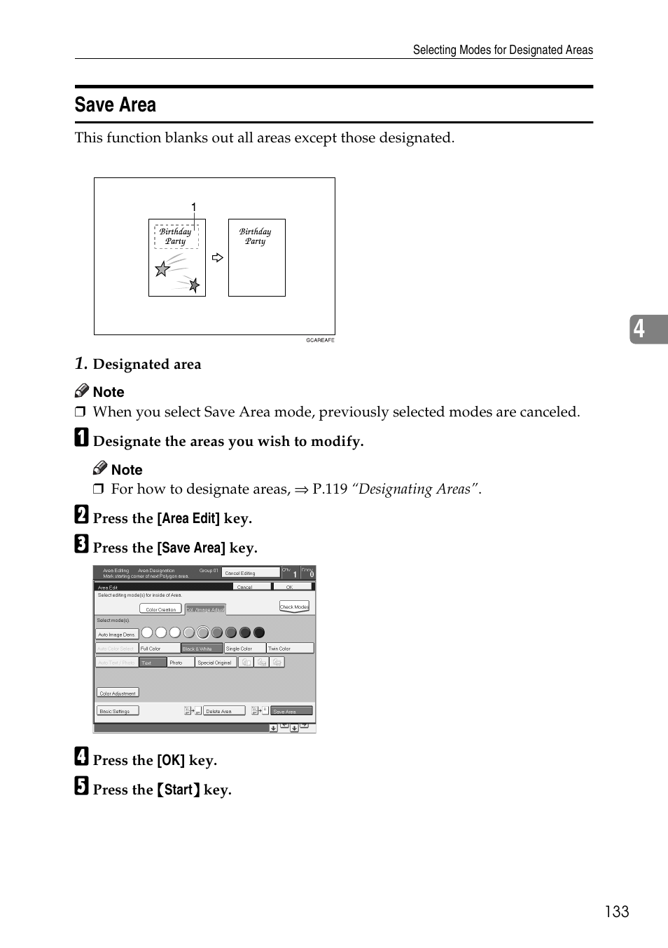 Save area, P.133 “save area | Ricoh 4506 User Manual | Page 145 / 222