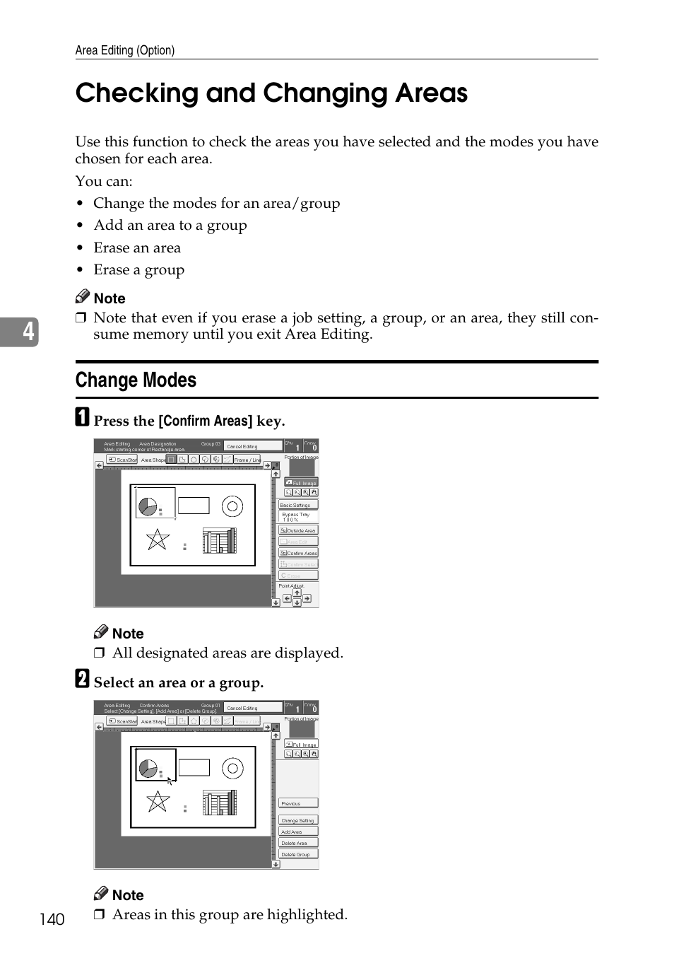 Checking and changing areas, Change modes, P.140 “change modes” .) | 4checking and changing areas | Ricoh 4506 User Manual | Page 152 / 222