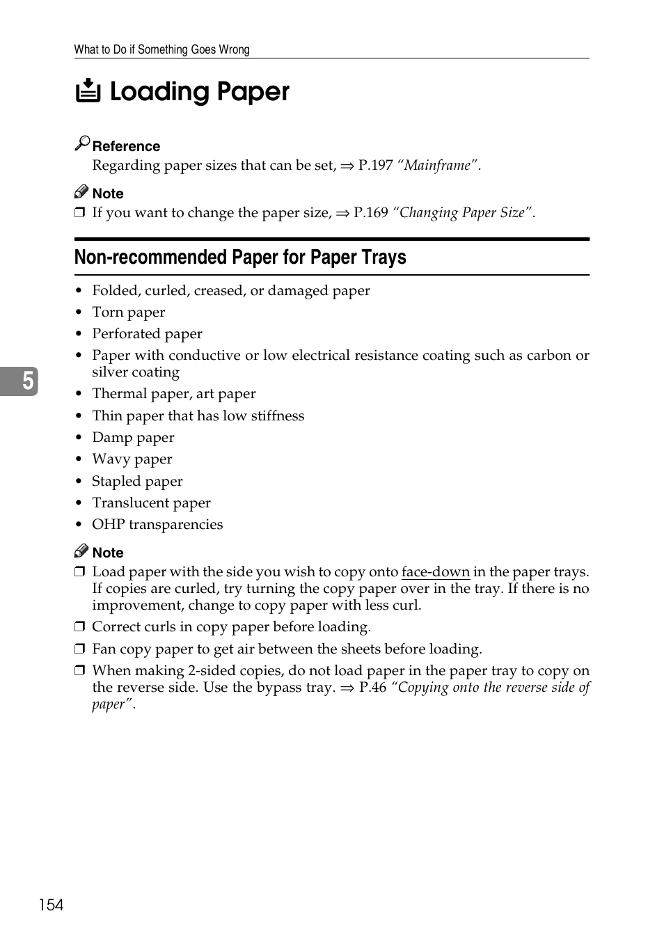 B lo, Non-recommended paper for paper trays, P.154 | B loading pa, B loading paper, 5b loading paper | Ricoh 4506 User Manual | Page 166 / 222