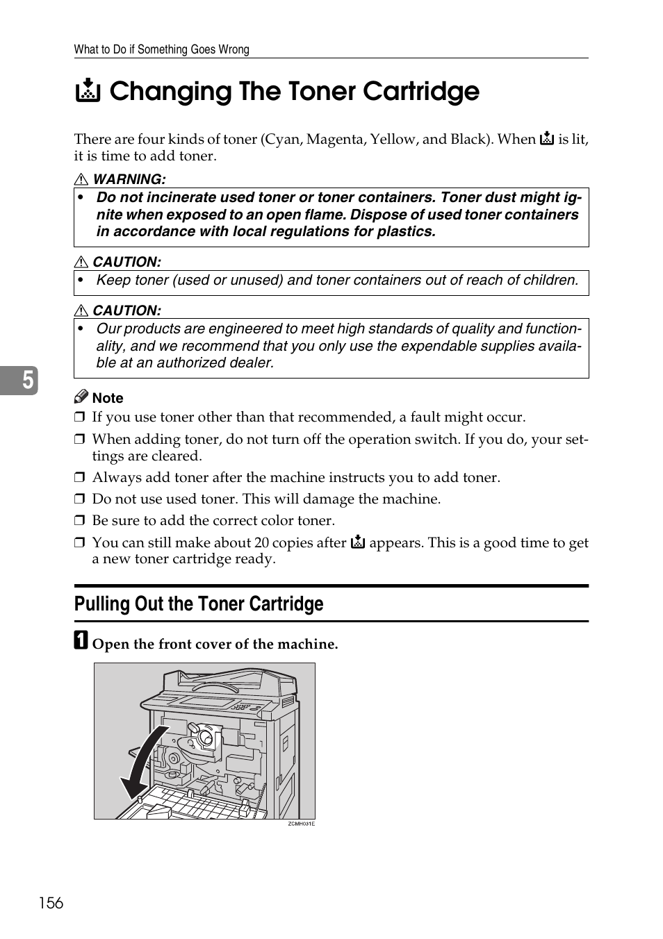 D ad, Pulling out the toner cartridge, P.156 | D changing the toner cartridge, Changing the toner cartridge, 5d changing the toner cartridge | Ricoh 4506 User Manual | Page 168 / 222