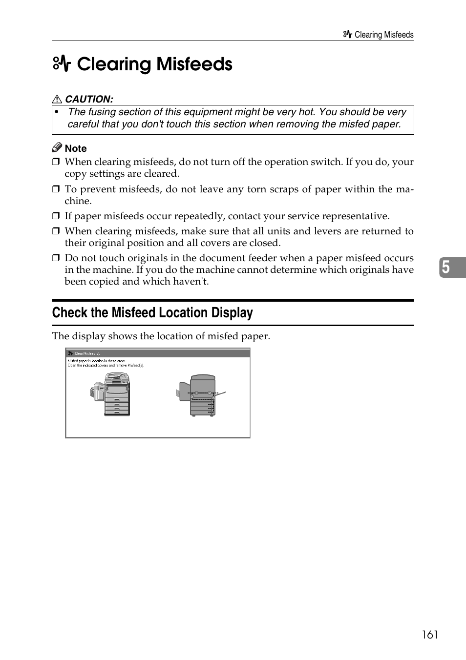 Check the misfeed location display, P.161, X clearing misfeeds | 5x clearing misfeeds | Ricoh 4506 User Manual | Page 173 / 222