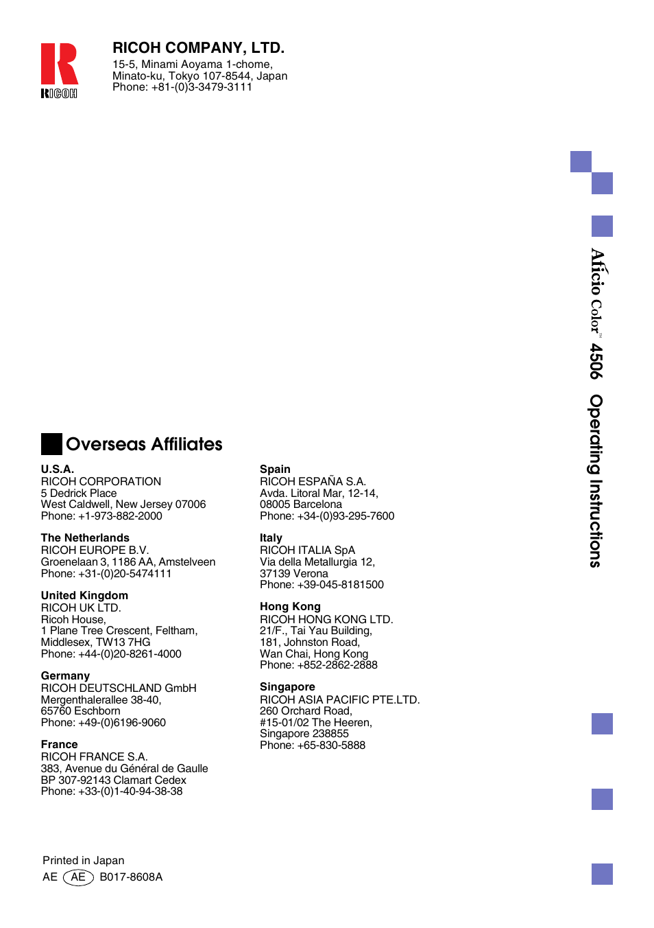 Overseas affiliates, 4506 o p eratin g in st ru ction s, Ricoh company, ltd | Ricoh 4506 User Manual | Page 2 / 222