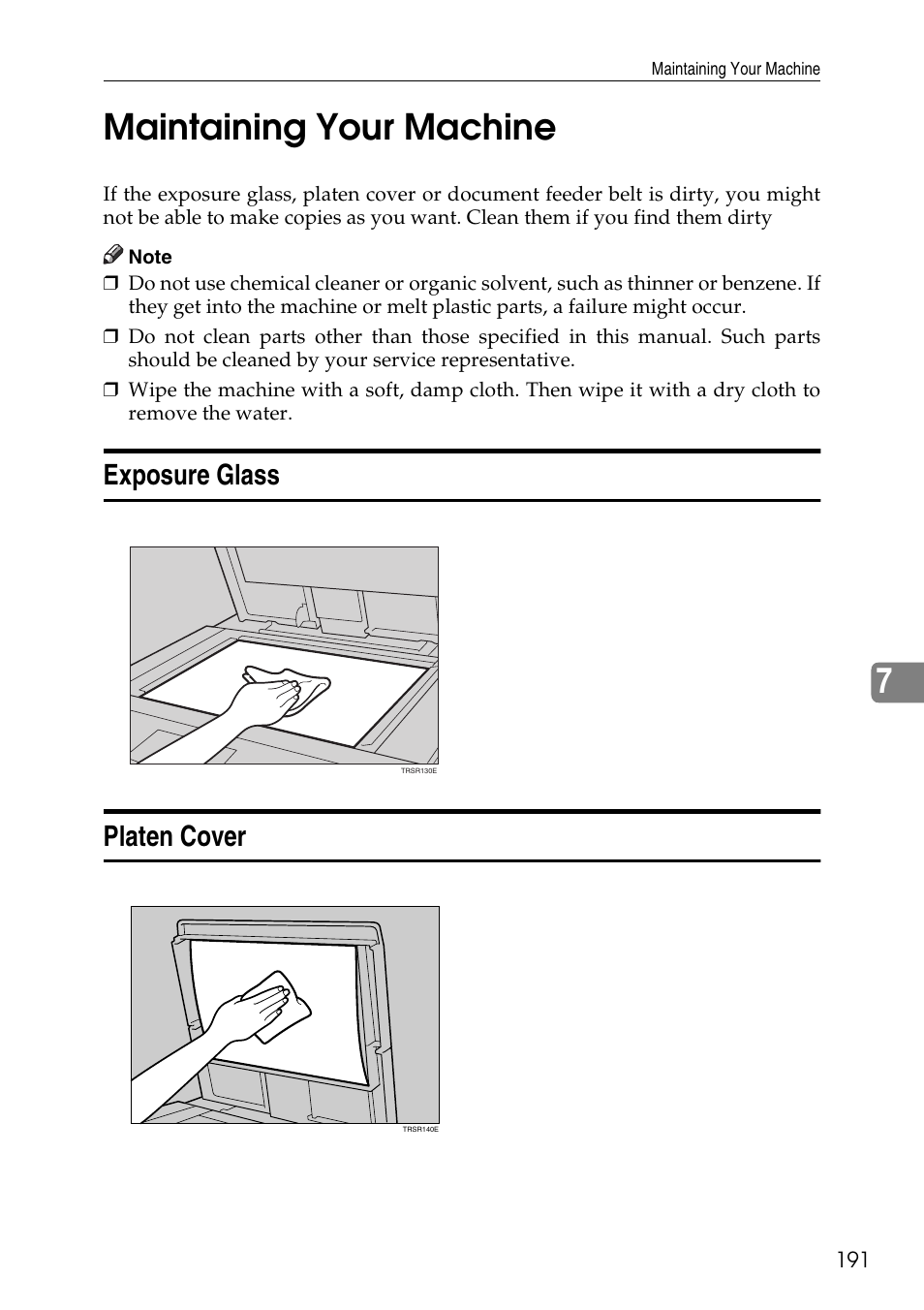 Maintaining your machine, Exposure glass platen cover, P.191 “main | Taining your machine, 7maintaining your machine | Ricoh 4506 User Manual | Page 203 / 222