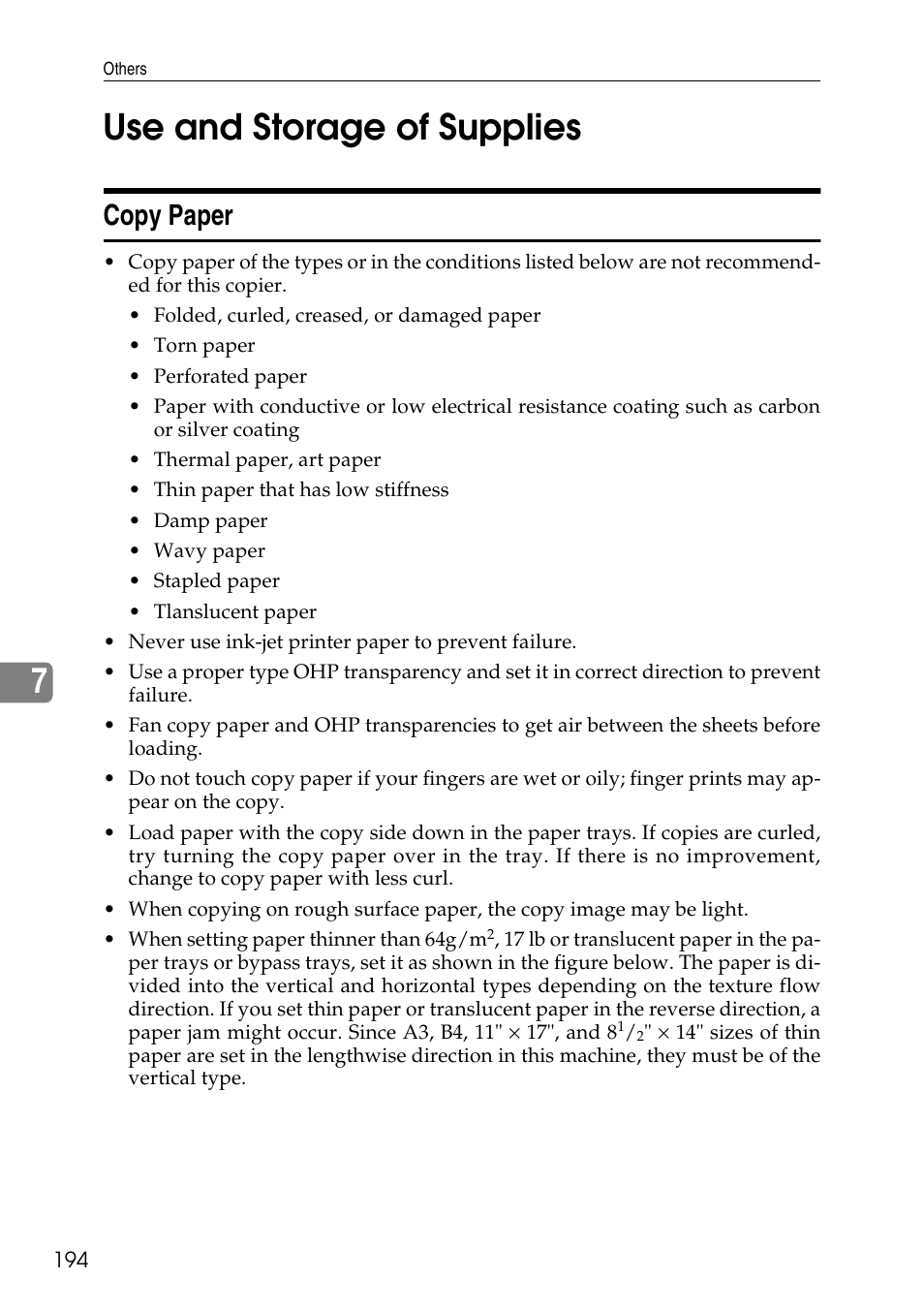 Use and storage of supplies, Copy paper, 7use and storage of supplies | Ricoh 4506 User Manual | Page 206 / 222