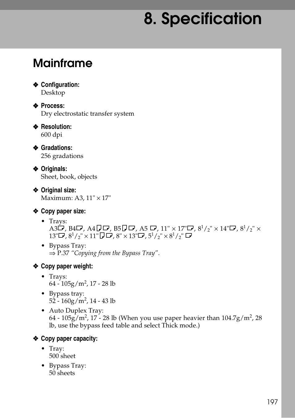 Specification, Mainframe, P.197 “mainframe | Ricoh 4506 User Manual | Page 209 / 222