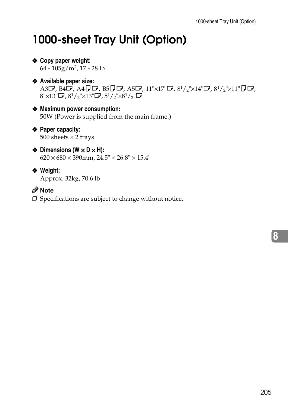 1000-sheet tray unit (option) | Ricoh 4506 User Manual | Page 217 / 222