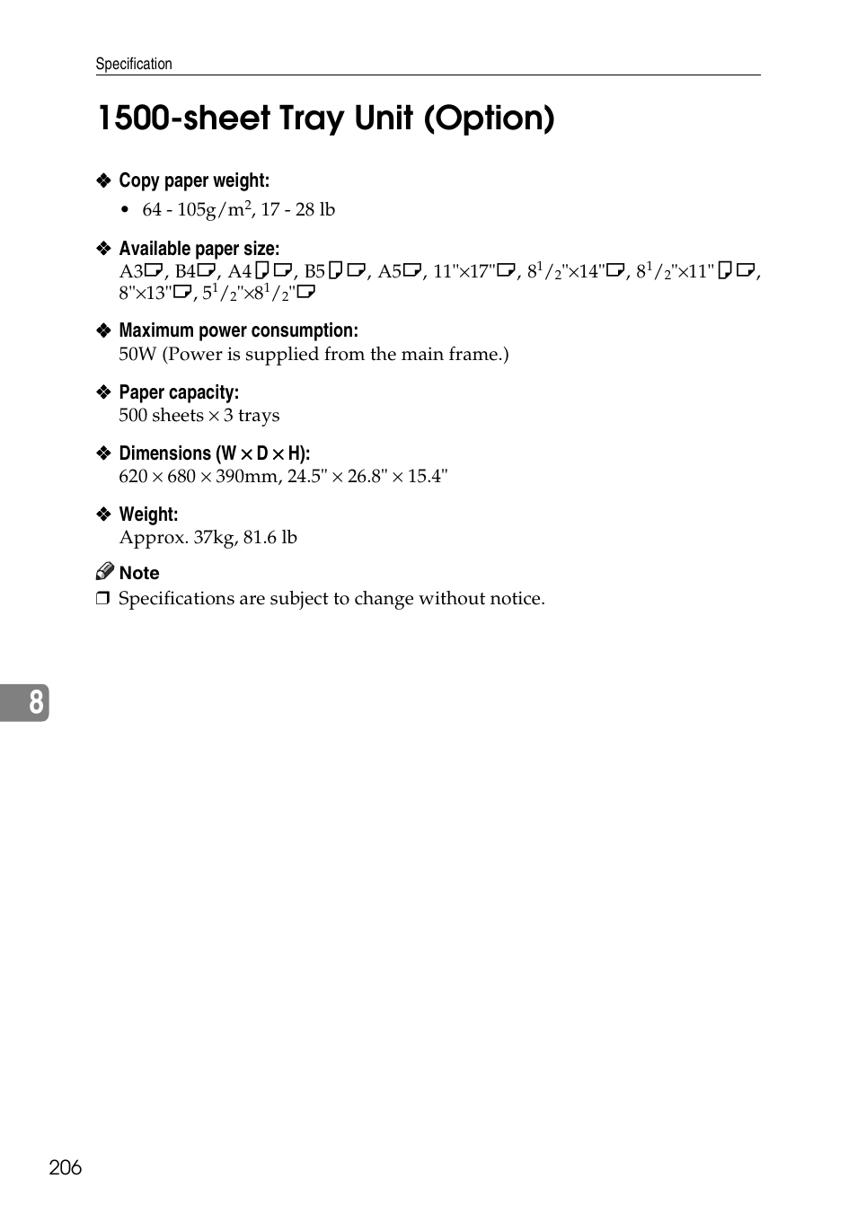 1500-sheet tray unit (option) | Ricoh 4506 User Manual | Page 218 / 222