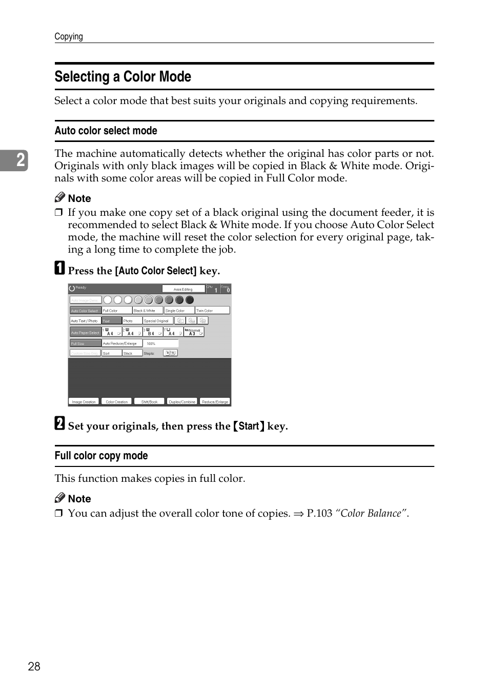 Selecting a color mode, P.28 “selecting a color mode | Ricoh 4506 User Manual | Page 40 / 222