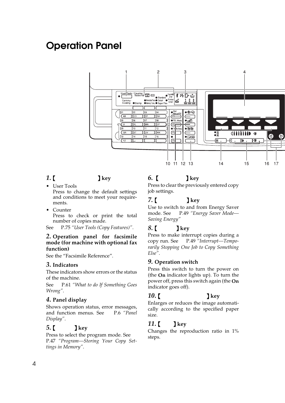 P.4 “operation panel, Operation panel | Ricoh AFICIO 180 User Manual | Page 20 / 116