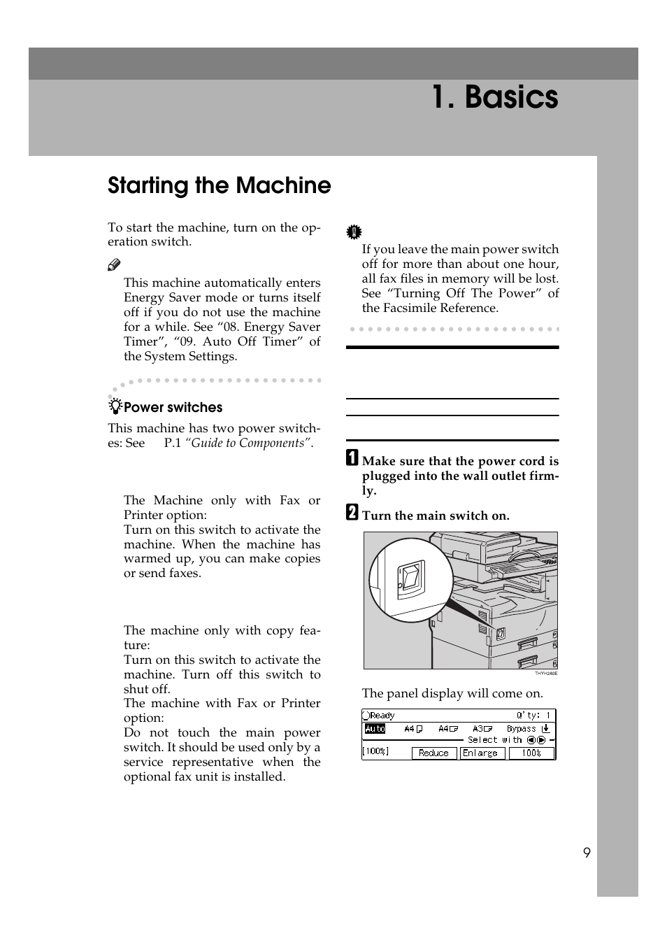 Basics, Starting the machine, When the machine only with copy feature | Ricoh AFICIO 180 User Manual | Page 25 / 116