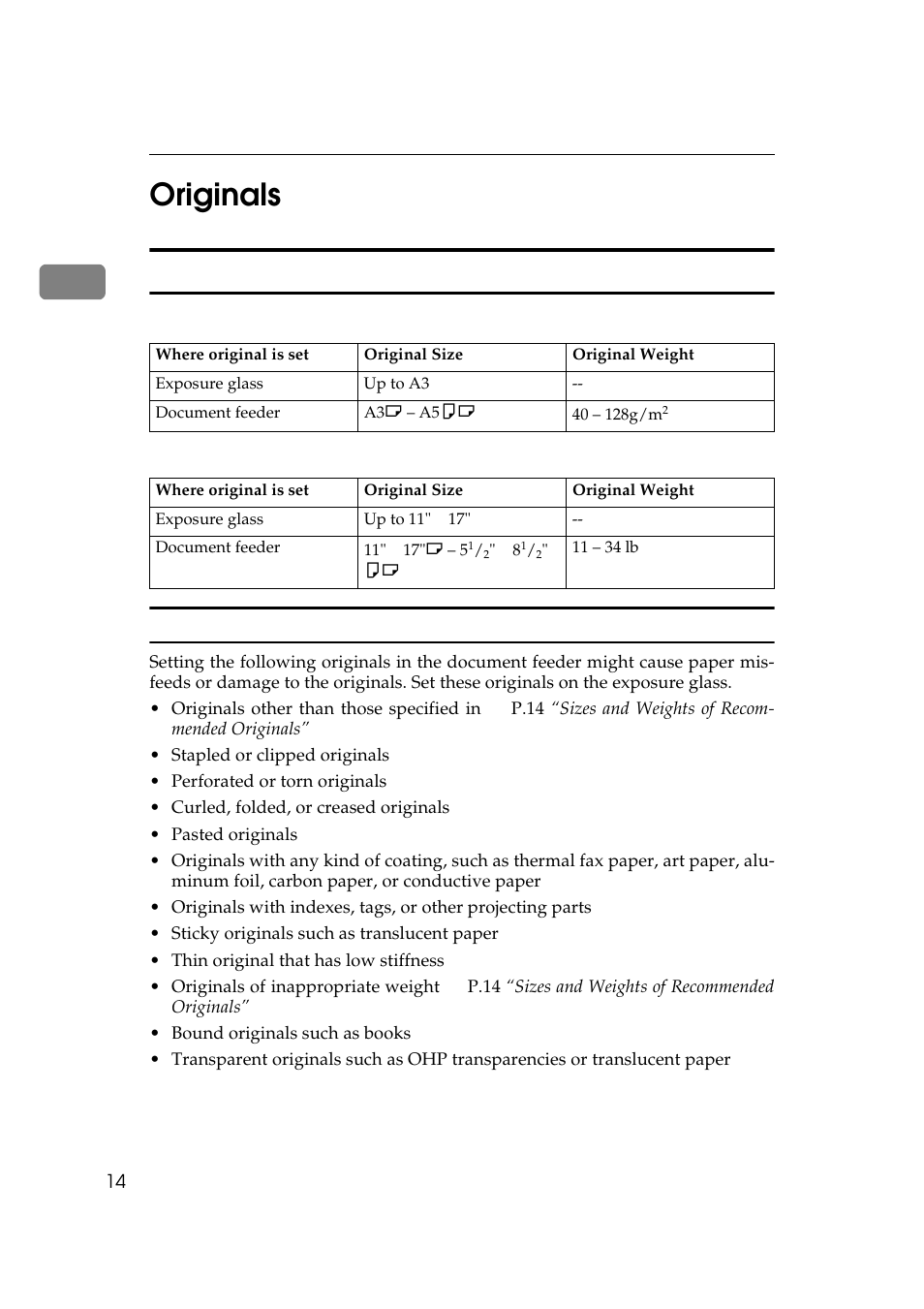 P.14 “originals, 1originals, Sizes and weights of recommended originals | Ricoh AFICIO 180 User Manual | Page 30 / 116