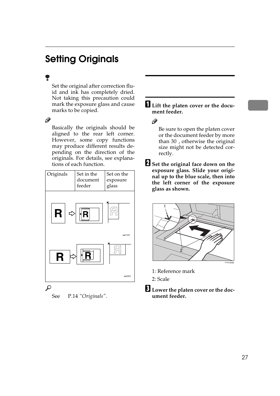 P.27 “setting originals, 2setting originals, Setting originals on the exposure glass | Ricoh AFICIO 180 User Manual | Page 43 / 116