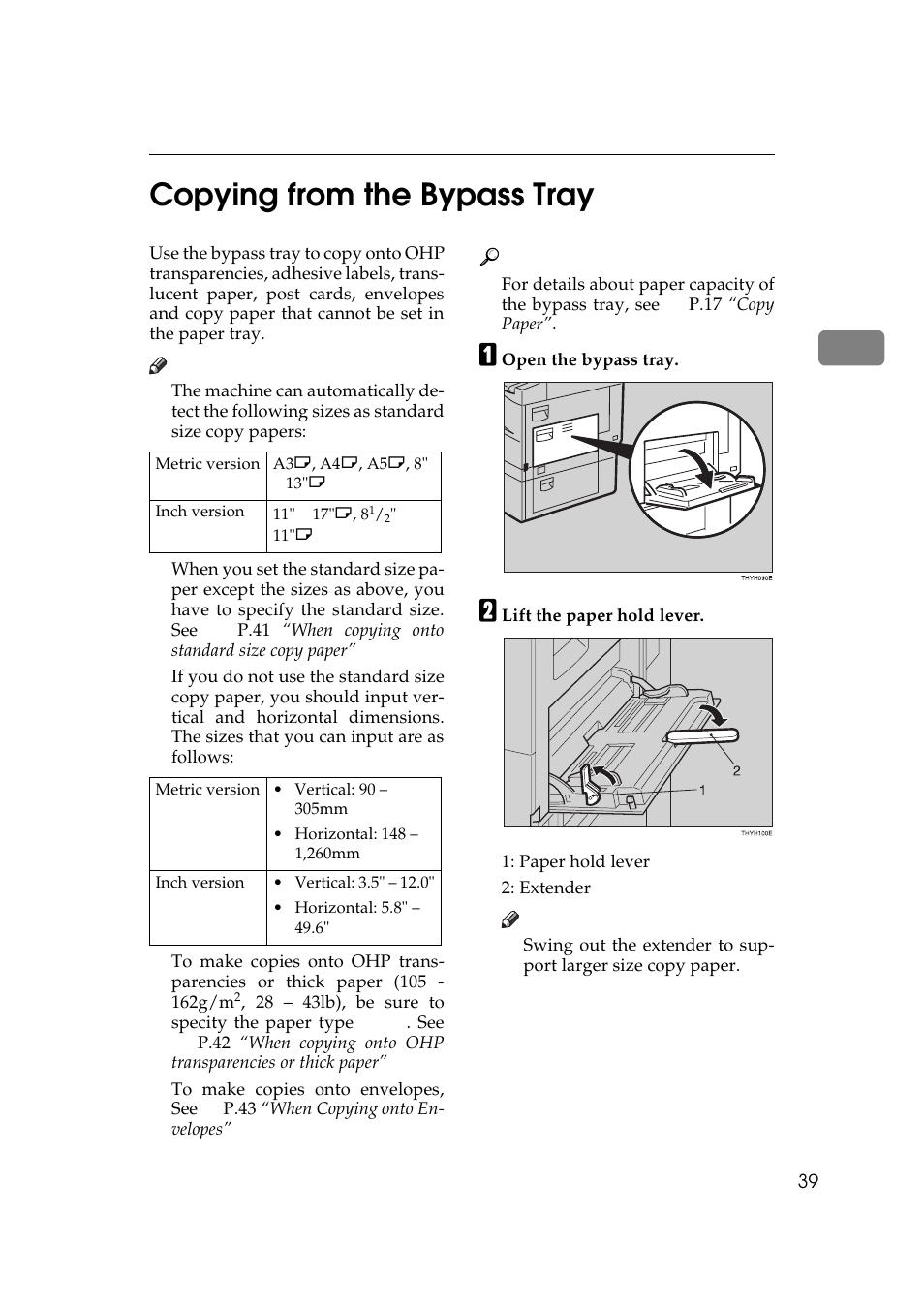 P.39 “copying from the bypass tray, P.39 “copying from the by, Pass tray | 2copying from the bypass tray | Ricoh AFICIO 180 User Manual | Page 55 / 116