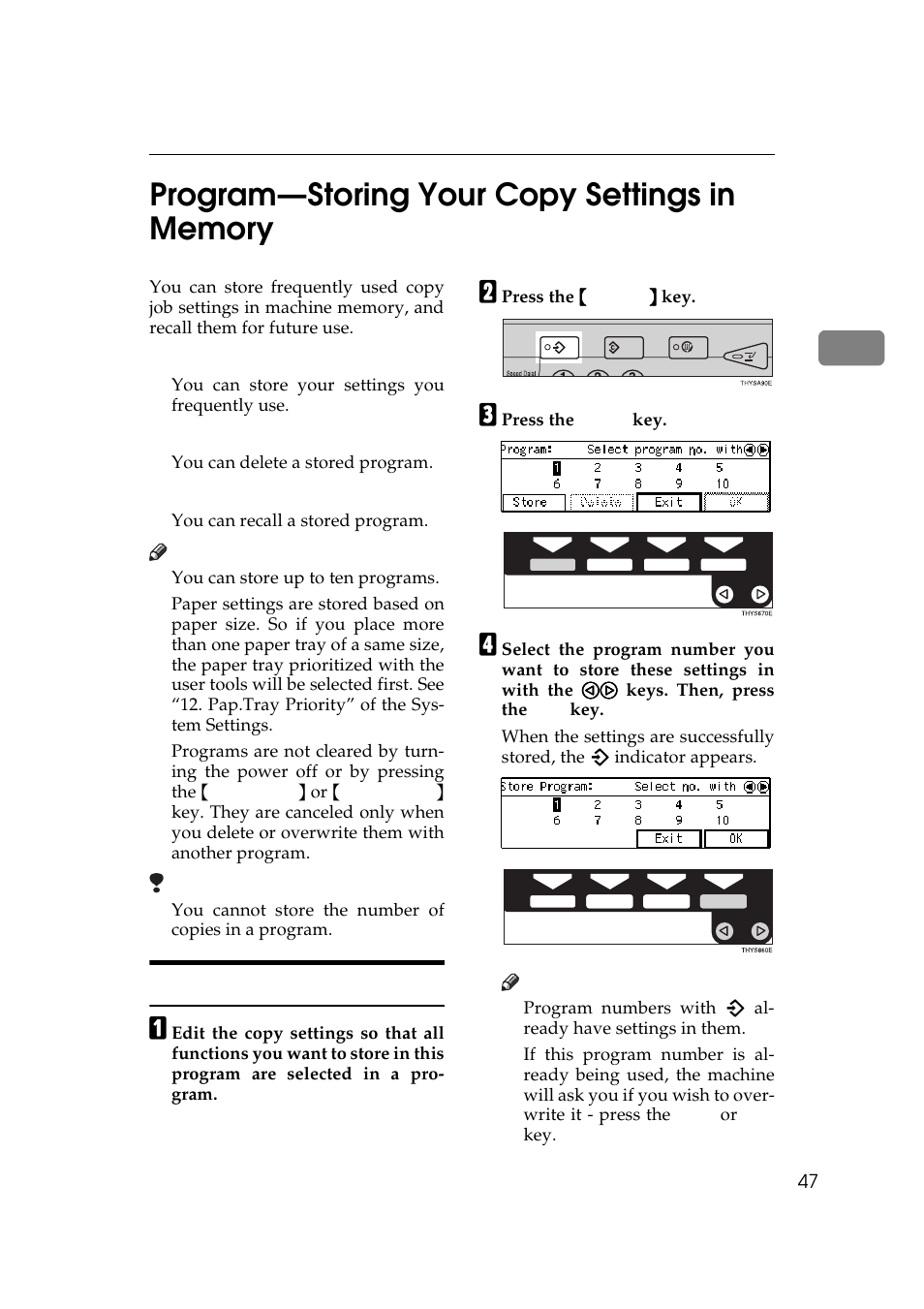 P.47 “program, Storing your copy settings in mem- ory, Storing your settings | Ricoh AFICIO 180 User Manual | Page 63 / 116