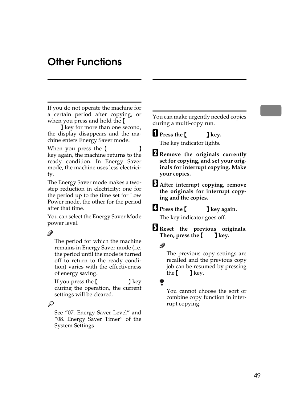 P.49 “energy saver mode, Saving energy, P.49 “interrupt—tempo | Rarily stopping one job to copy something else, 2other functions, Energy saver mode—saving energy | Ricoh AFICIO 180 User Manual | Page 65 / 116