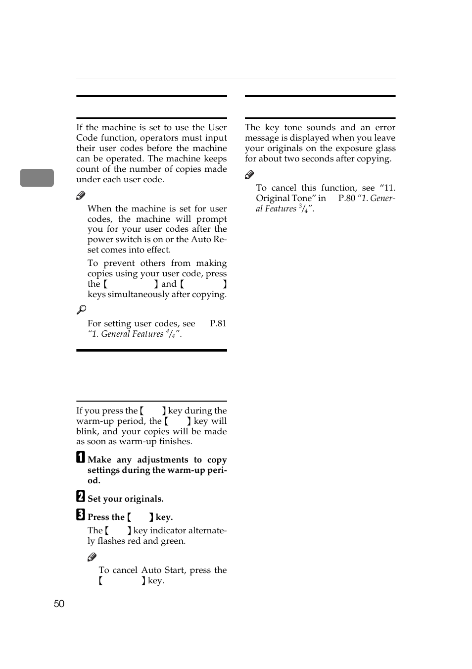 P.50 “auto start—entering, Copy job settings during the warm-up peri- od, Copy job settings during the warm-up period | P.50 “user codes, User codes, Original tone | Ricoh AFICIO 180 User Manual | Page 66 / 116