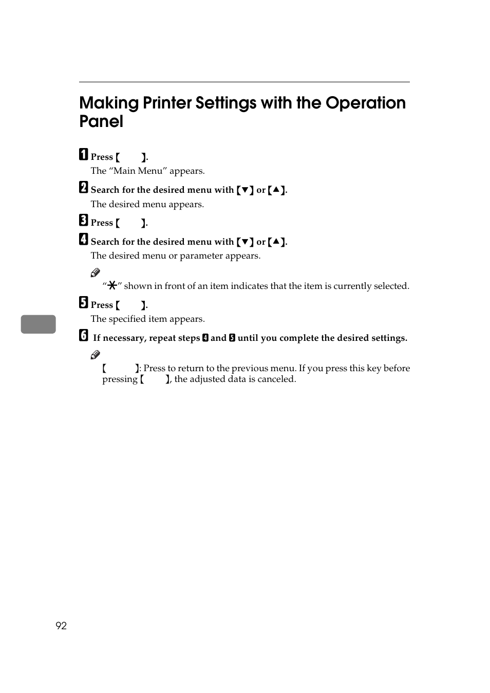 Making printer settings with the operation panel, 6making printer settings with the operation panel | Ricoh Aficio AP2700 User Manual | Page 110 / 138