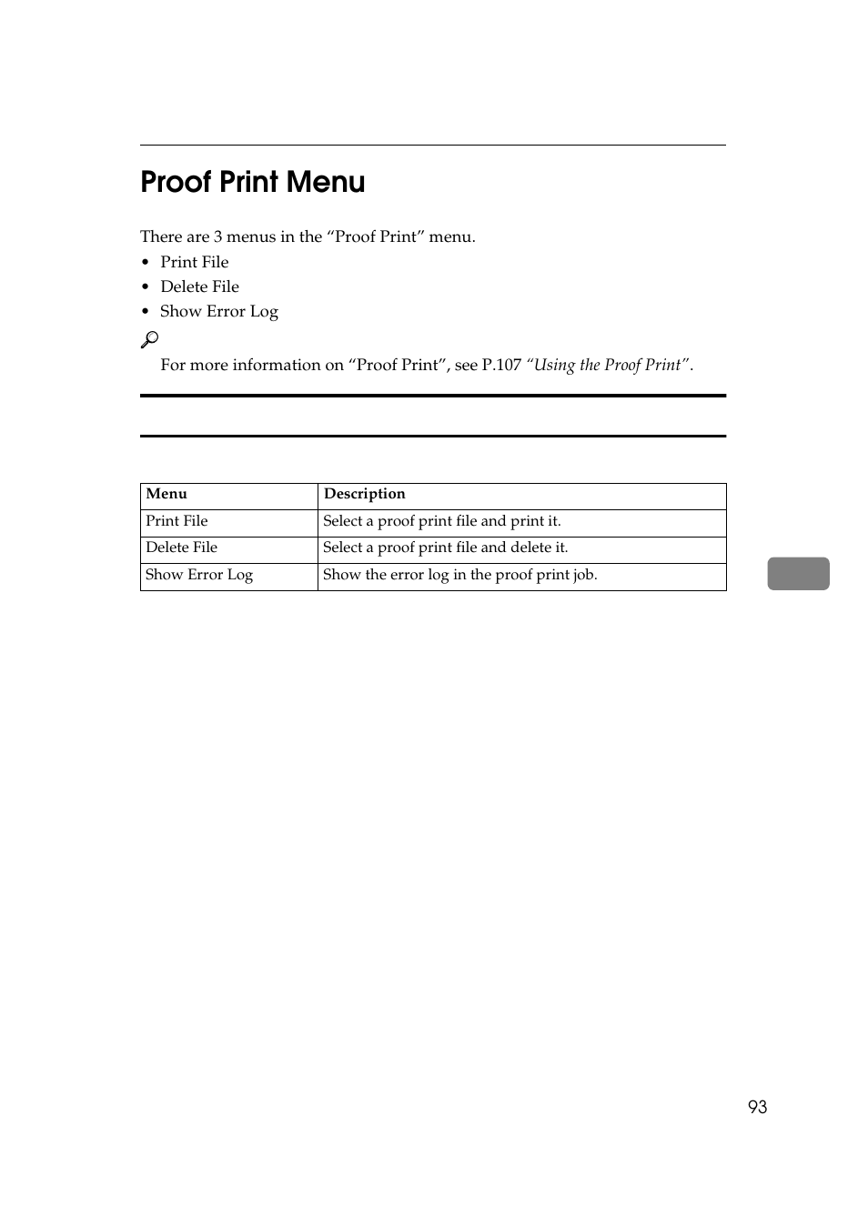 Proof print menu, Proof print parameters, P.93 “proof print | Menu, 6proof print menu | Ricoh Aficio AP2700 User Manual | Page 111 / 138