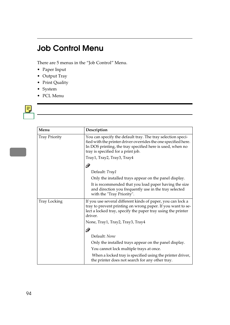Job control menu, Job control parameters, Ee p.94 “job control menu | P.94 “job control, Menu, 6job control menu | Ricoh Aficio AP2700 User Manual | Page 112 / 138
