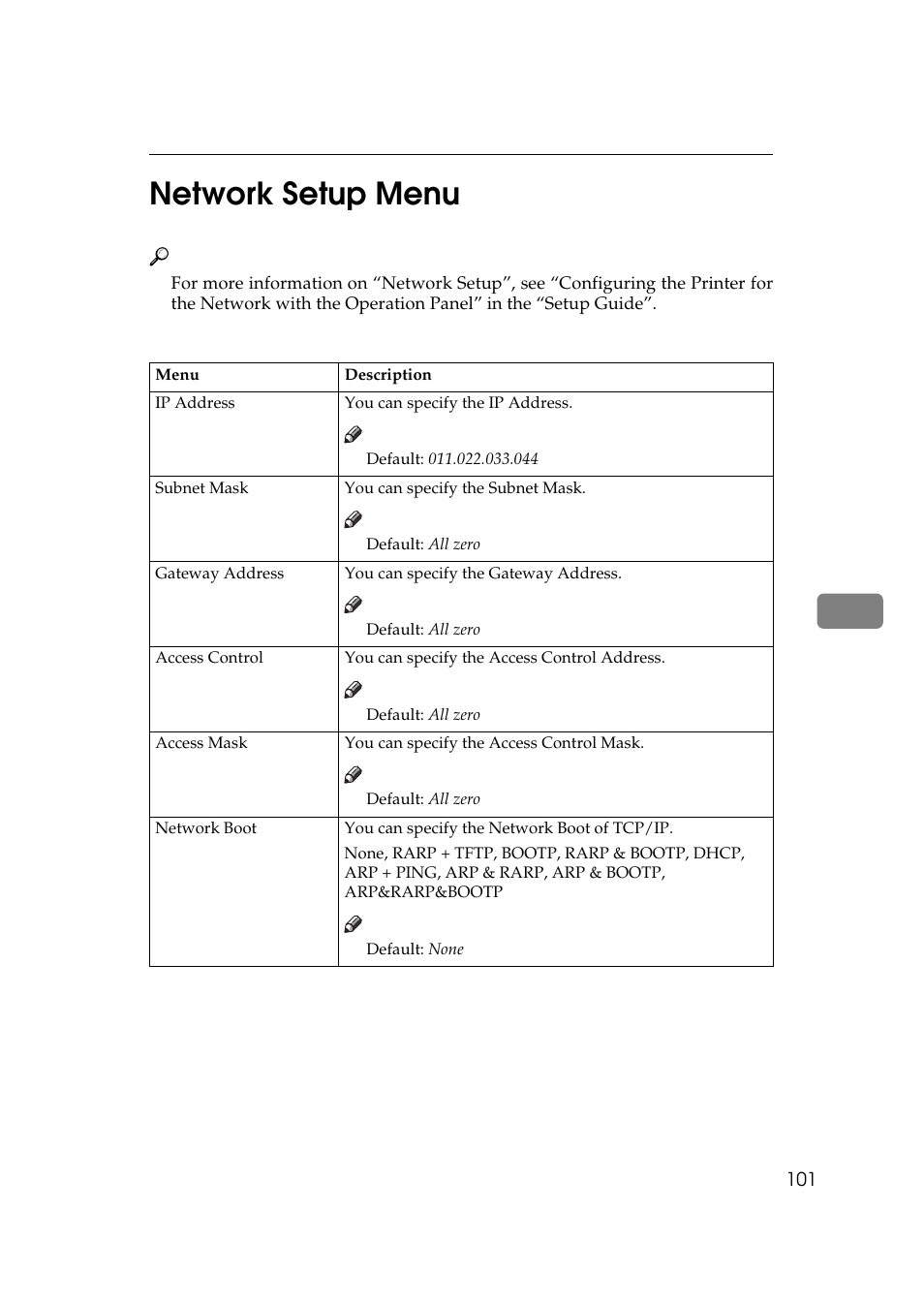 Network setup menu, P.101 “network, Setup menu | 6network setup menu | Ricoh Aficio AP2700 User Manual | Page 119 / 138