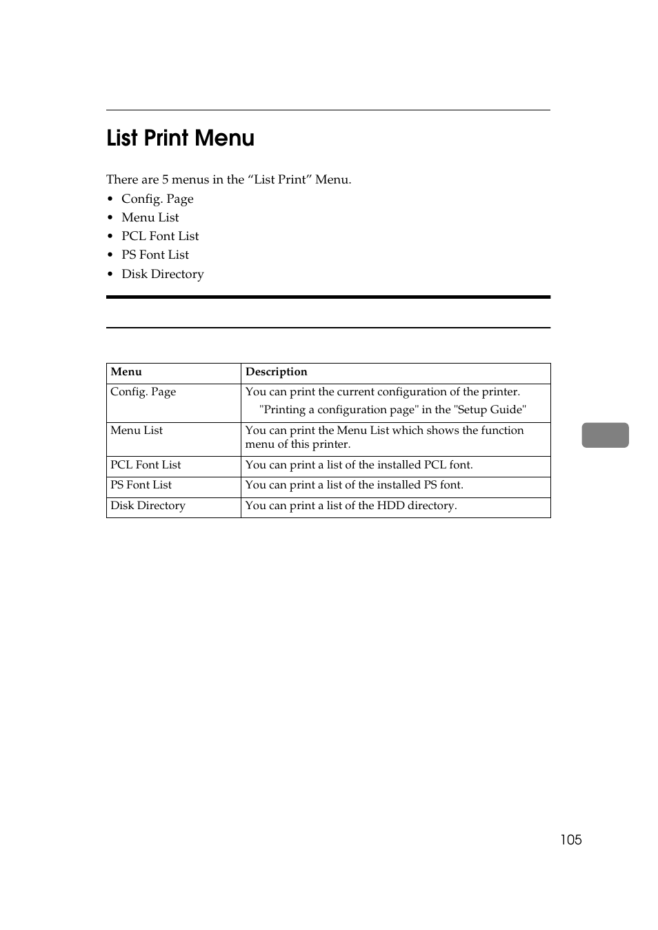 List print menu, List print parameters, P.105 “list print | Menu, 6list print menu | Ricoh Aficio AP2700 User Manual | Page 123 / 138