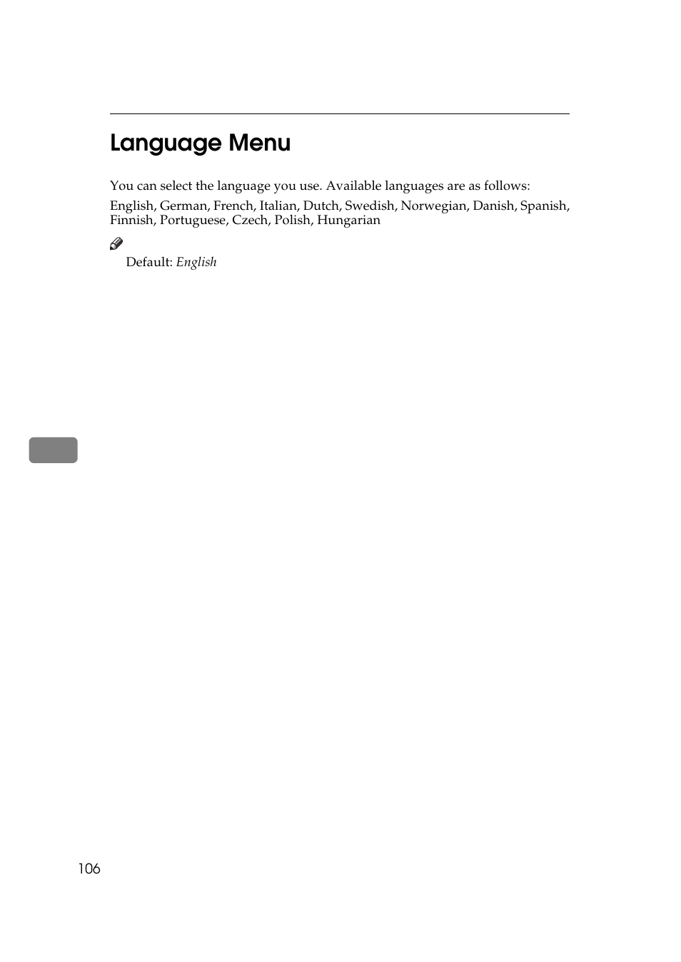 Language menu, P.106 “language menu, 6language menu | Ricoh Aficio AP2700 User Manual | Page 124 / 138