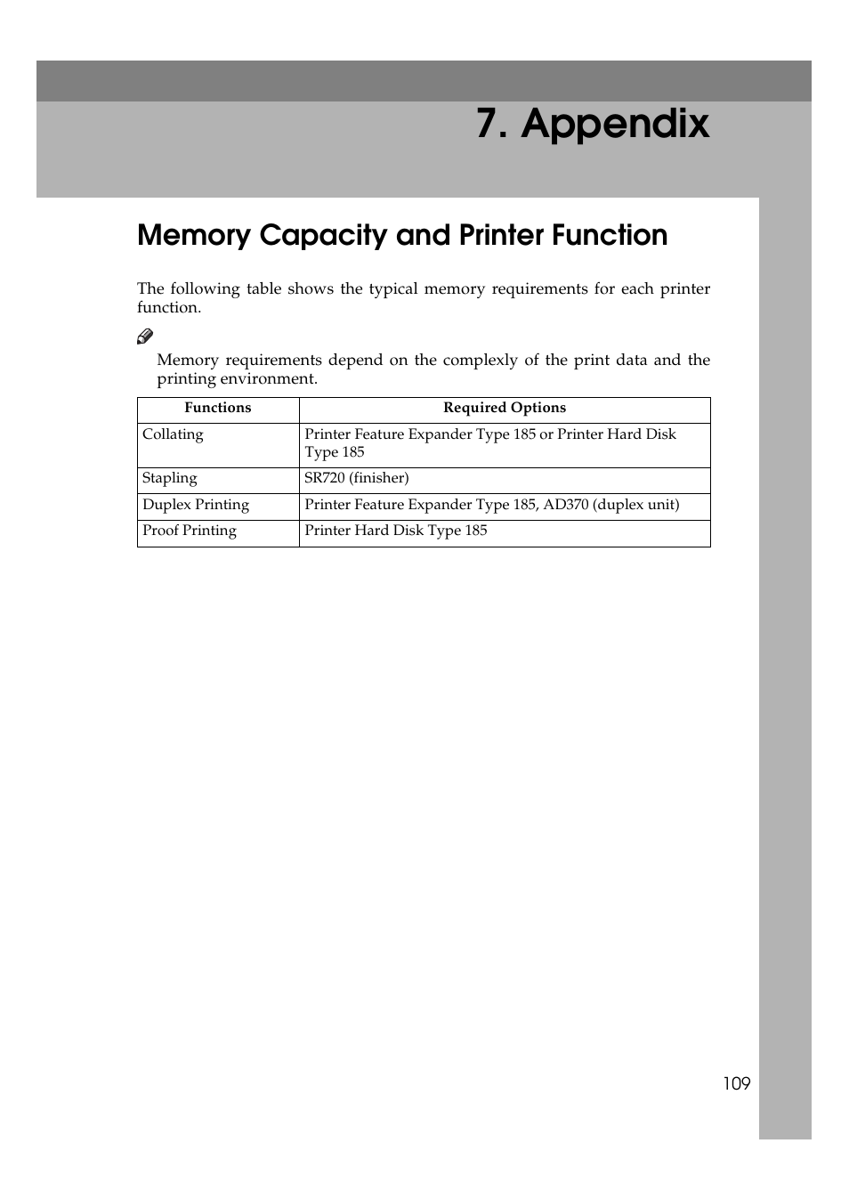 Appendix, Memory capacity and printer function, P.109 “memory capacity and printer function | See p.109 “memory capacity and printer func- tion | Ricoh Aficio AP2700 User Manual | Page 127 / 138