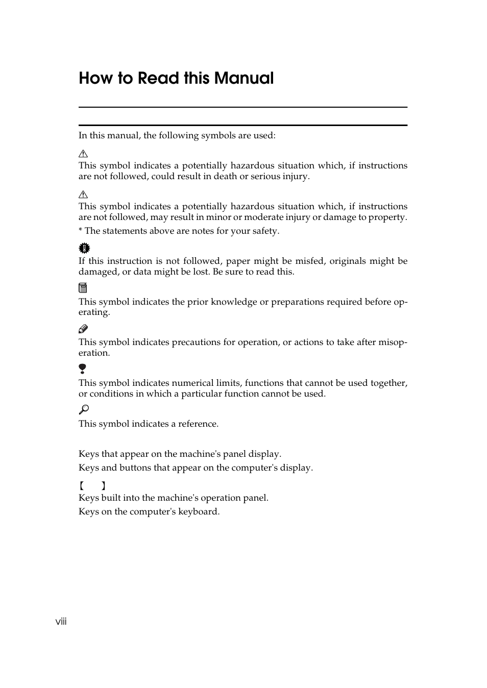 How to read this manual | Ricoh Aficio AP2700 User Manual | Page 14 / 138