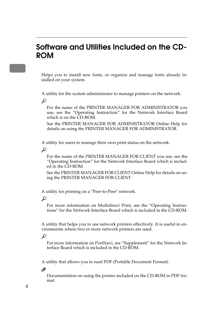 Software and utilities included on the cd-rom, 1software and utilities included on the cd- rom | Ricoh Aficio AP2700 User Manual | Page 22 / 138