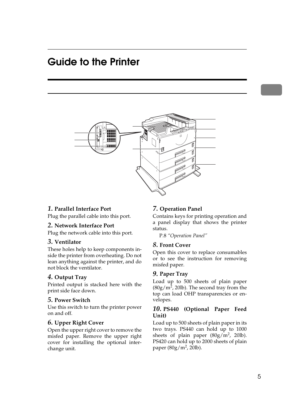 Guide to the printer, Exterior: front view, 1guide to the printer | Ricoh Aficio AP2700 User Manual | Page 23 / 138