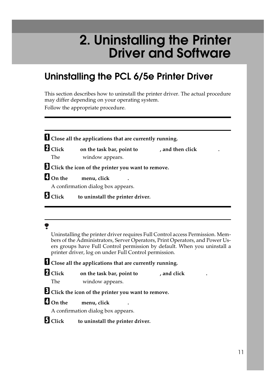 Uninstalling the printer driver and software, Uninstalling the pcl 6/5e printer driver | Ricoh Aficio AP2700 User Manual | Page 29 / 138