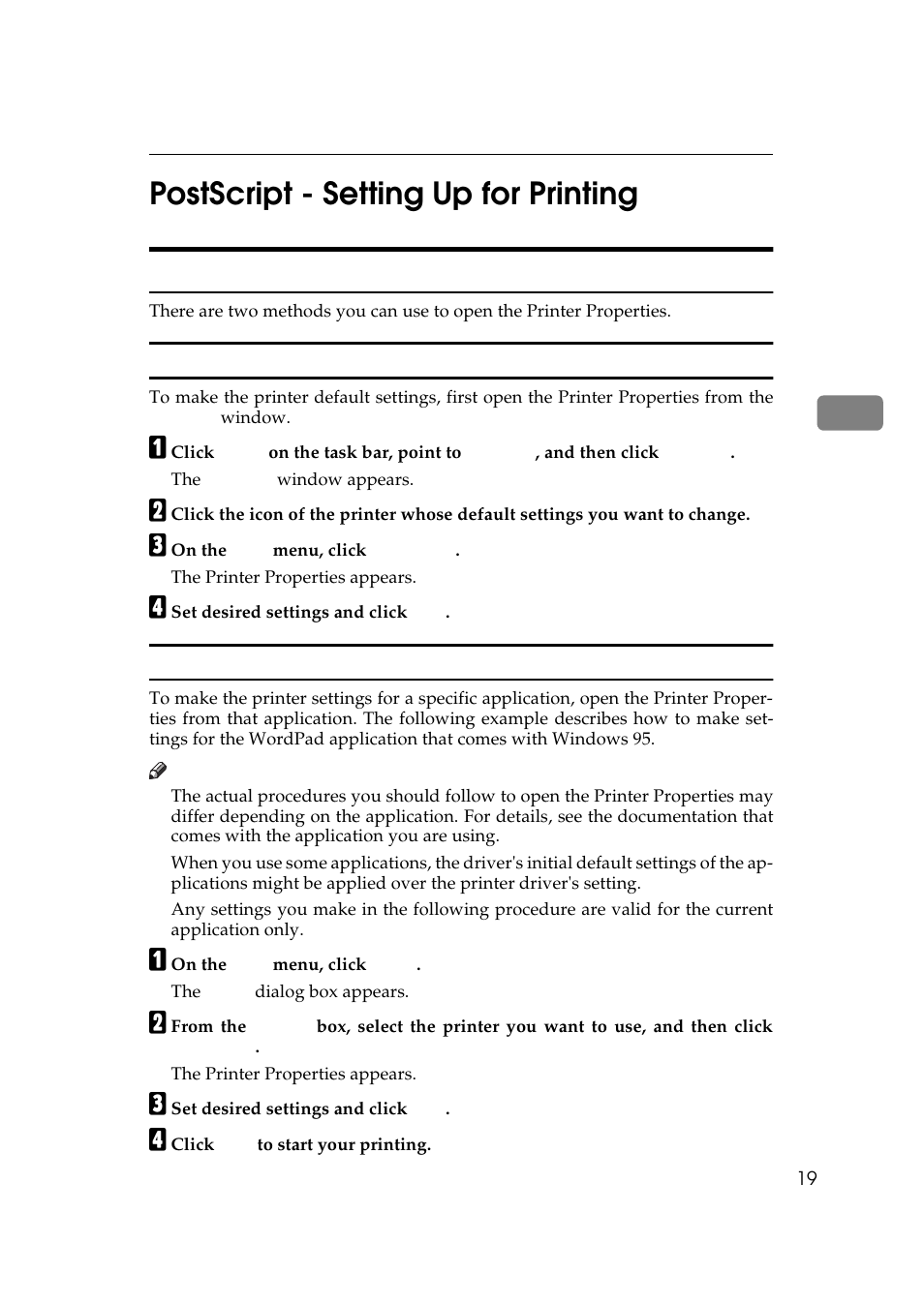 Postscript - setting up for printing, Windows 95/98 - accessing the printer properties, 3postscript - setting up for printing | Ricoh Aficio AP2700 User Manual | Page 37 / 138