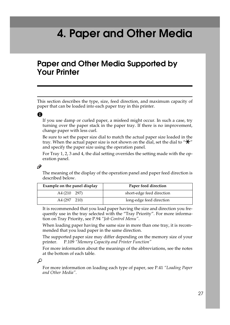 Paper and other media, Paper and other media supported by your printer, Paper types and sizes | Ricoh Aficio AP2700 User Manual | Page 45 / 138