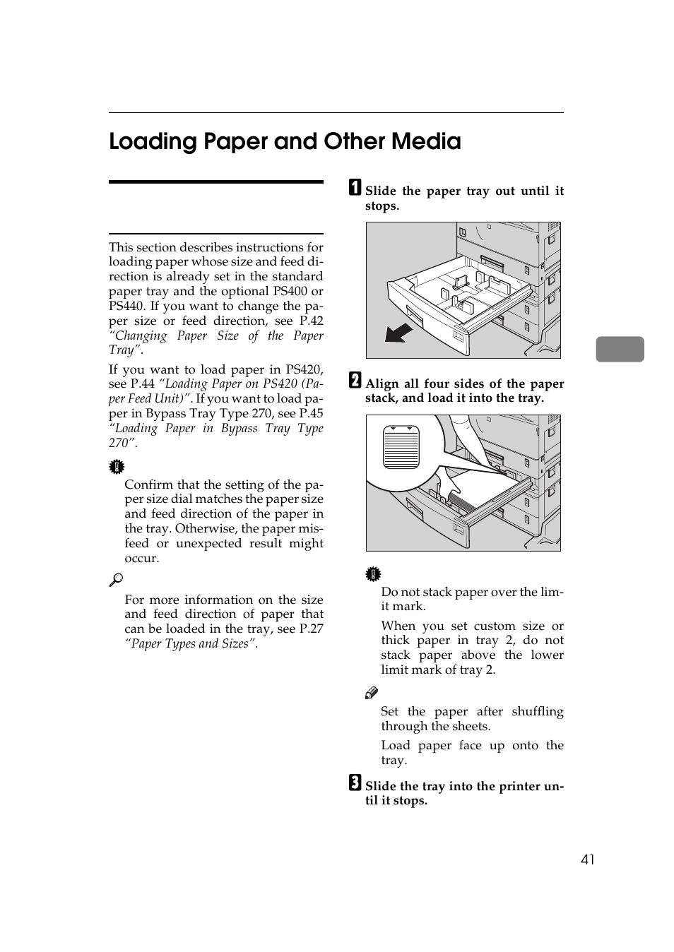 Loading paper and other media, Loading paper in the paper tray, P.41 “loading paper and other media | 4loading paper and other media | Ricoh Aficio AP2700 User Manual | Page 59 / 138