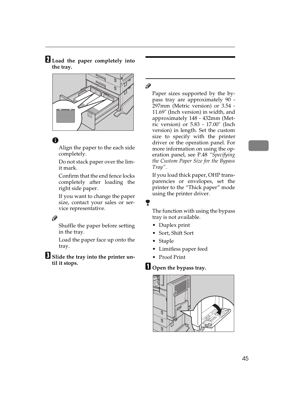 Loading paper in bypass tray type 270, E p.45 “loading paper in bypass tray type 270 | Ricoh Aficio AP2700 User Manual | Page 63 / 138